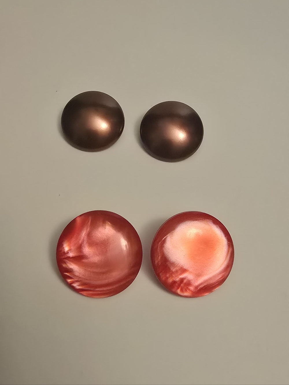 Classic Round Clip On Earrings, Brown and Red Button Earrings - Set of 2 Pairs